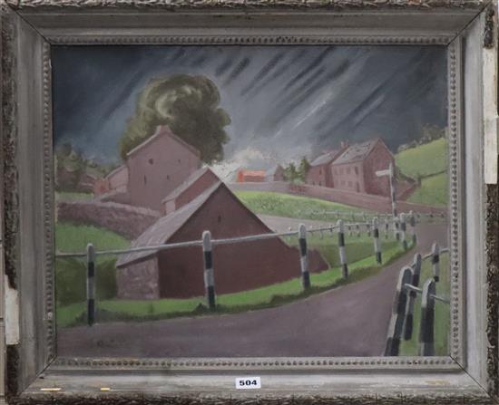 Adrian Maurice Daintrey (1902-1988), oil on canvas, Stormy sky over a village, signed, 40 x 50cm